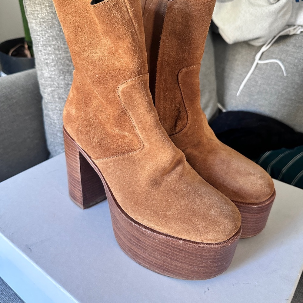 SIMON MILLER Platform Suede Mid-Calf Boots in Tan